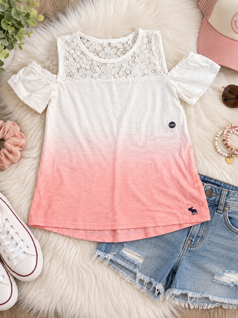 Abercrombie Kids Girls' White to Pink Ombre Cold-Shoulder Lace Top - Brand New